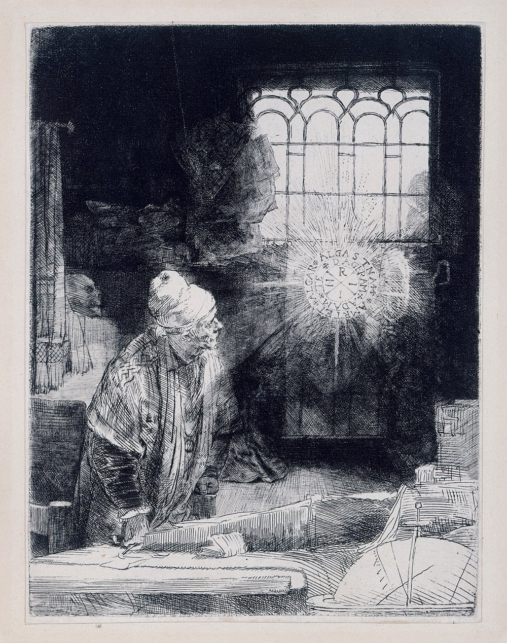 Rembrandt Harmensz. van Rijn: Der Alchemist (sogenannter Faust), um 1652, Radierung aufPapier, Staatliche Museen zu Berlin, Kupferstichkabinett, © bpk / Staatliche Museen zu BerlinKupferstichkabinett. Foto: Jörg P. Ander