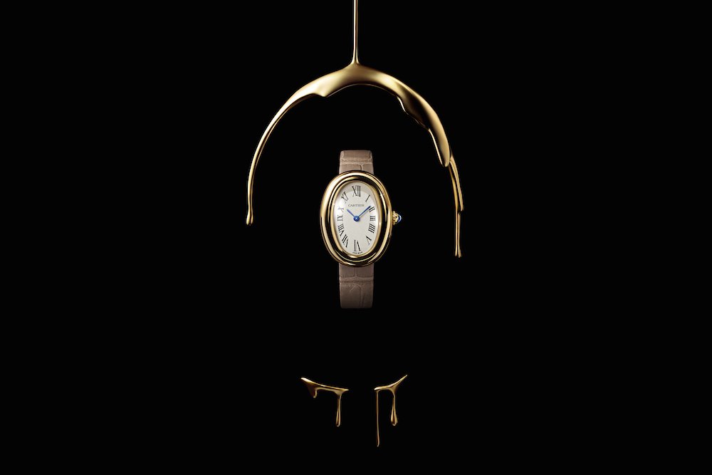Часы Baignoire, миниатюрная версия. Желтое золото, кожа аллигатора