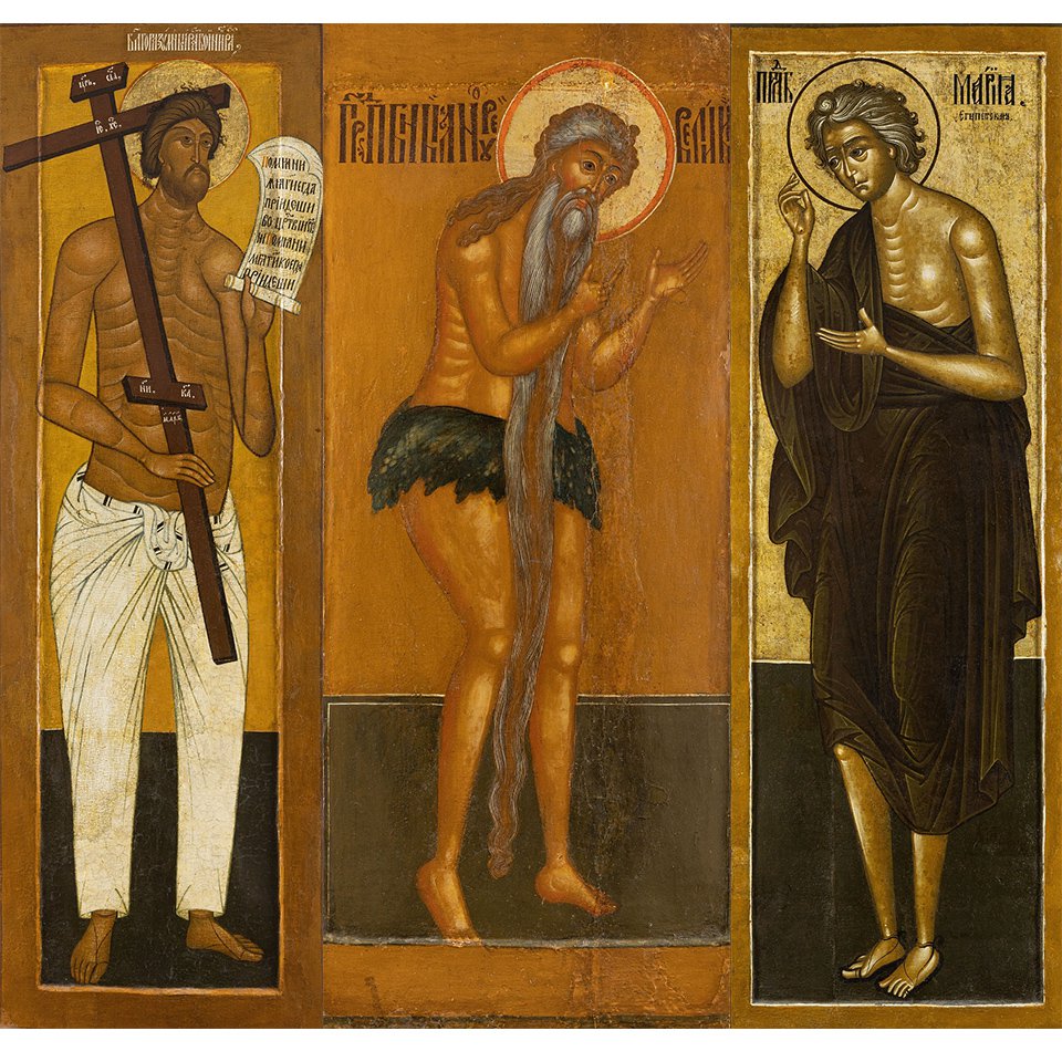 Слева направо: Благоразумный разбойник. Первая четверть XVII в. Москва (?). Преподобный Онуфрий Великий. Третья четверть XVII в. Ярославль. Преподобная Мария Египетская. Середина XVII в. Москва.  Фото: Центральный музей древнерусской культуры и искусства имени Андрея Рублева