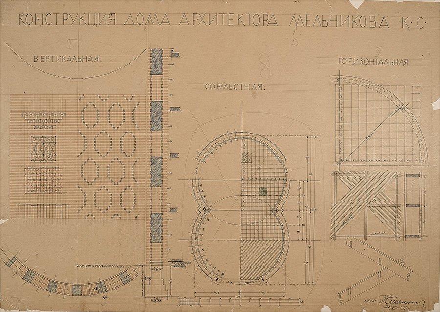Чертеж Константина Мельникова к проекту дома в Кривоарбатском переулке. Фото: Государственный музей архитектуры имени А.В.Щусева