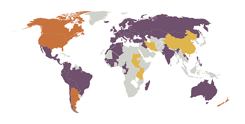 ПРАВО СЛЕДОВАНИЯ В МИРЕ:Фиолетовый цвет - страны, в которых существует право следованияОранжевый - страны, в которых обсуждается право следованияЖелтый - Страны, где отсутствует право роялти, поддерживающие решение о его глобализацииСерый - информации недостаточно