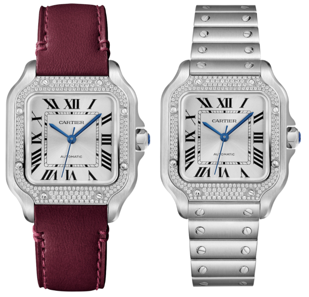 Новая модель часов Santos de Cartier идет в комплекте с кожаным ремешком винного цвета и стальным браслетом. Быстро сменить один на другой можно благодаря системе QuickSwitch. Фото: Cartier