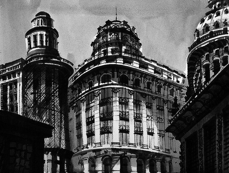 Фасад Авениды Роке Саенс Пенья, одной из центральных улиц Буэнос-Айреса, несет в себе безошибочно узнаваемые черты неоклассической архитектуры и стиля ар-деко 1920-х гг. Аргентина. Рисунок Сергея Чобана