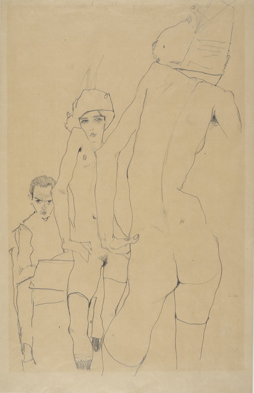 Эгон Шиле. «Шиле с обнаженной моделью перед зеркалом». 1910. Карандаш