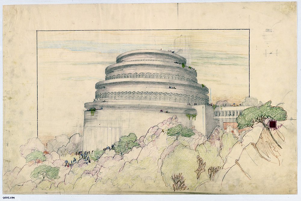 Фрэнк Ллойд Райт. Проект планетария Гордона Стронга в Мэриленде. 1924–1925. Цветной карандаш на кальке.  Фото: МоМА