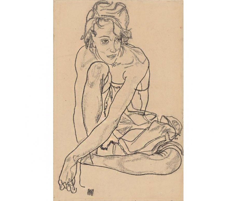 Эгон Шиле. "Сидящая женщина". 1918. Черный мел. Альбертина