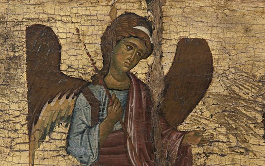 Ангел. Фрагмент иконы "Великомученик Георгий, со сценами жития. Великомученицы Марина и Ирина (?)". Двусторонняя икона. XIII векДерево, резьба, темпера. Византийский и Христианский музей, Афины