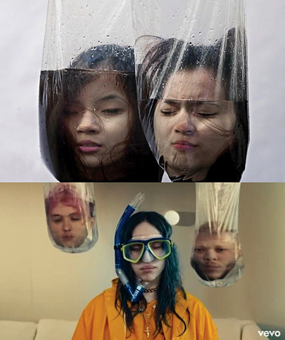 Сверху кадры из Toiletpaper, снизу — кадры из клипа Билли Айлиш. Фото: courtesy of Toiletpaper Magazine; Billie Eilish, Bad Guy screen shot