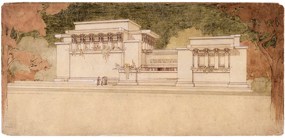 Фрэнк Ллойд Райт. Вид с востока на храм Согласия в Оак-парке. 1905–1908. Акварель. Фото: МоМА