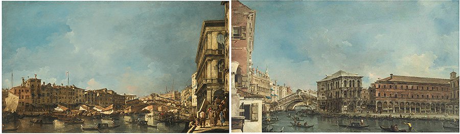 Франческо Гварди. «Венеция. Вид с моста Риальто с севера». Фото: Sotheby's. Франческо Гварди.«Венеция. Мост Риальто с палаццо деи Камерленги». Фото: Christie's
