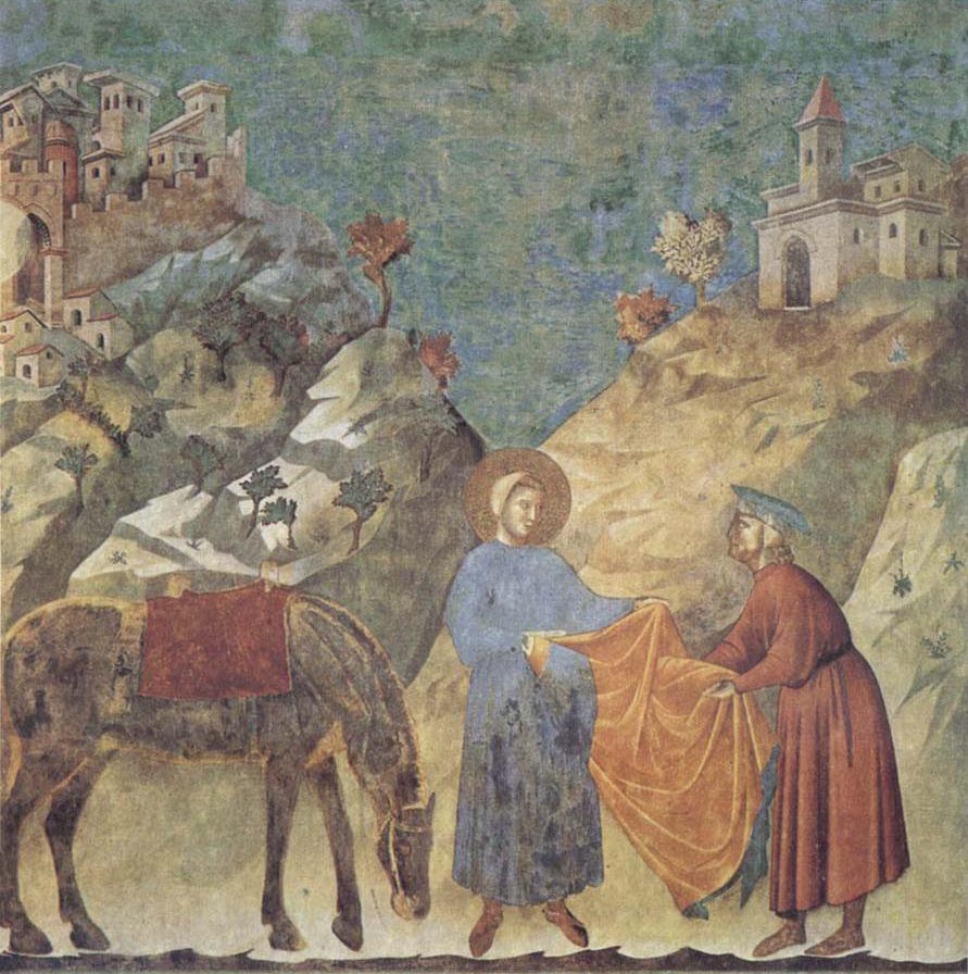 Джотто. «Святой Франциск отдает свой плащ бедняку». 1296–1300. Верхняя церковь базилики Сан-Франческо в Ассизи. Когнитивный диссонанс: дорогое убранство изображает добродетель евангельской бедности