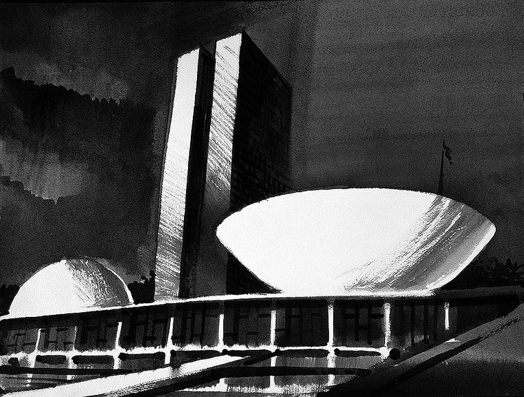 Здание парламента в Бразилиа построено по проекту Оскара Нимейера в 1960 г. Запоминающийся силуэт комплекса создает сочетание крупных скульптурных объемов. Рисунок Сергея Чобана