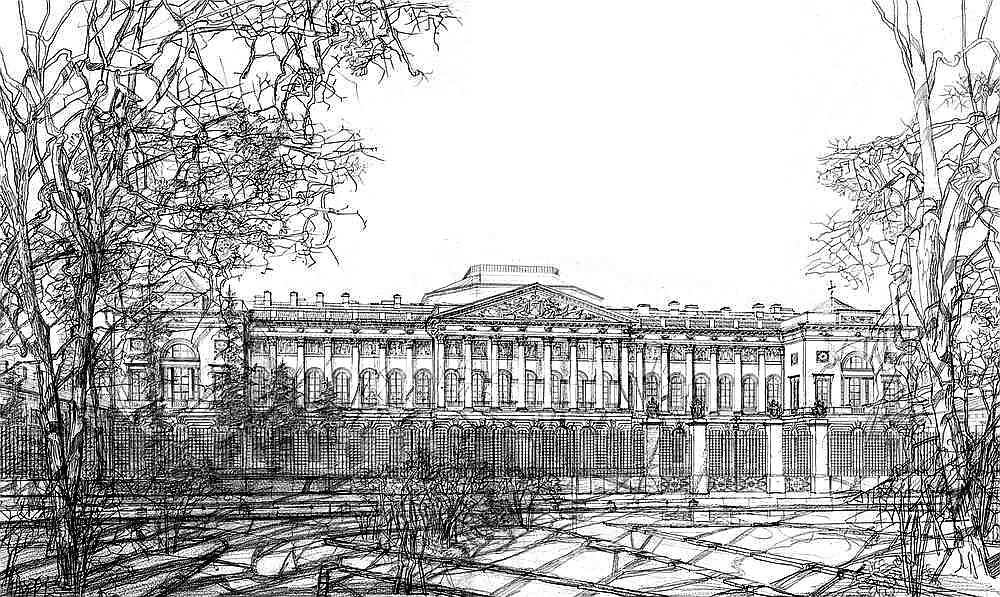 Перспектива главного фасада Михайловского дворца после проектной реконструкции кровли. Мастерская Михаила Филиппова
