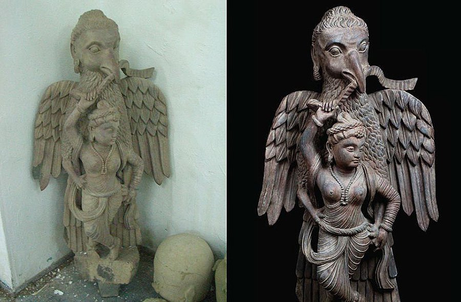 Птица Гаруда, схватившая нагини (женщину-змею). Кушанское царство, II–III в. н.э. Власти утверждают, что работа была ложно заявлена ​​как сделанная в Индии, в то время как Гандхара находилась на территории нынешних Пакистана и Афганистана. Фото: ICE | U.S. Immigration and Customs Enforcement