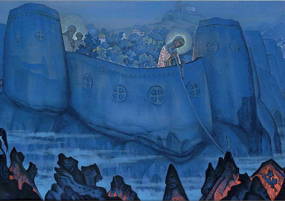 Николай Рерих. Труды Богородицы (Madonna Laboris). 1931. Холст, темпера. 84 х 124 см. Работа относится к кругу произведений, посвященных «синтетической иконографии» Девы; сюда также входят два других, более поздних варианта Madonna Laboris, триптих, посвященный Жанне д’Арк, популярнейшая Madonna Oriflamma из МузеяРериха в Нью-Йорке и многие другие. В середине 1930-х годов она была приобретена доктором Харви Спенсером Луисом, членом ордена розенкрейцеров (Рерих и доктор Луис, соучредитель американского отделения ордена, в свое время были знакомы). Приблизительно в 1974 г. картина досталась в дар бабушке последнего владельца