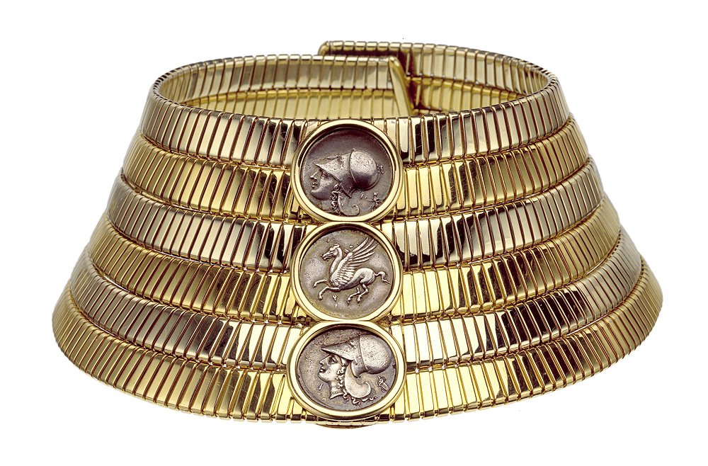 Чокер Tubogas с греческими серебряными монетами. 1974. Желтое и белое золото, серебро. Коллекция Bvlgari Heritage