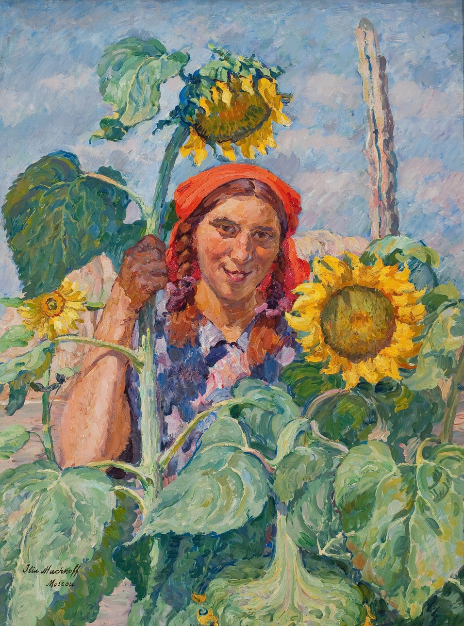 Девушка с подсолнухами. Портрет Зои Андреевой. 1930. Холст, масло. / Коллекция Инны Баженовой