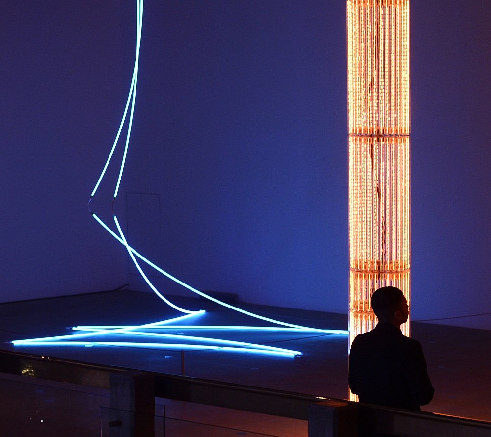 Francois Morellet's Lamentable and Cerith Wyn Evans' Superstructure installations are displayed as part of the Light Show at the Hayward Gallery / hellestad/Corbis/Getty Image