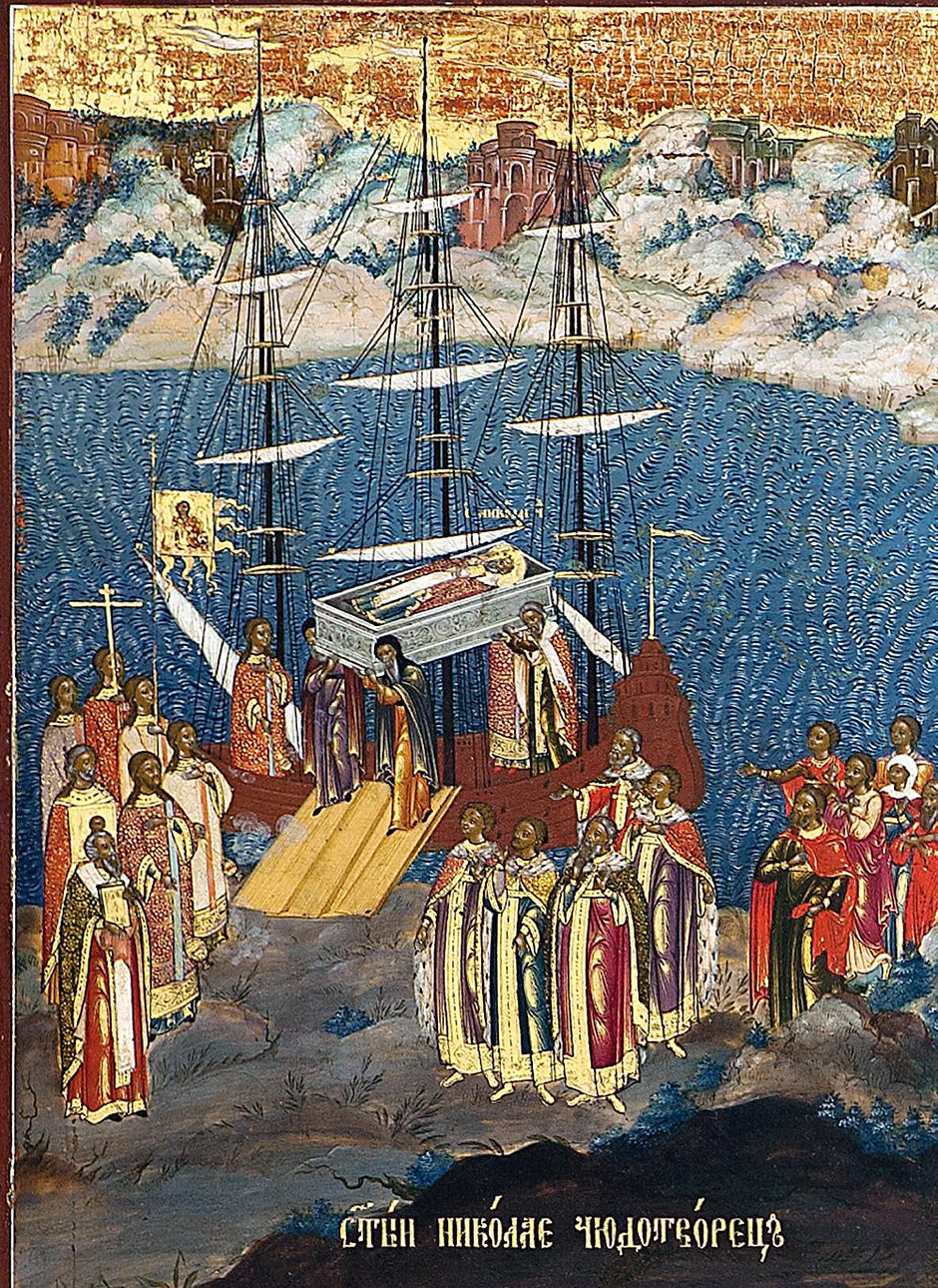 Икона «Перенесение мощей Николая Чудотворца». Фрагмент. Невьянск, мастерская Богатыревых, 1822. Музей «Невьянская икона», Екатеринбург. Фото: Музей русской иконы