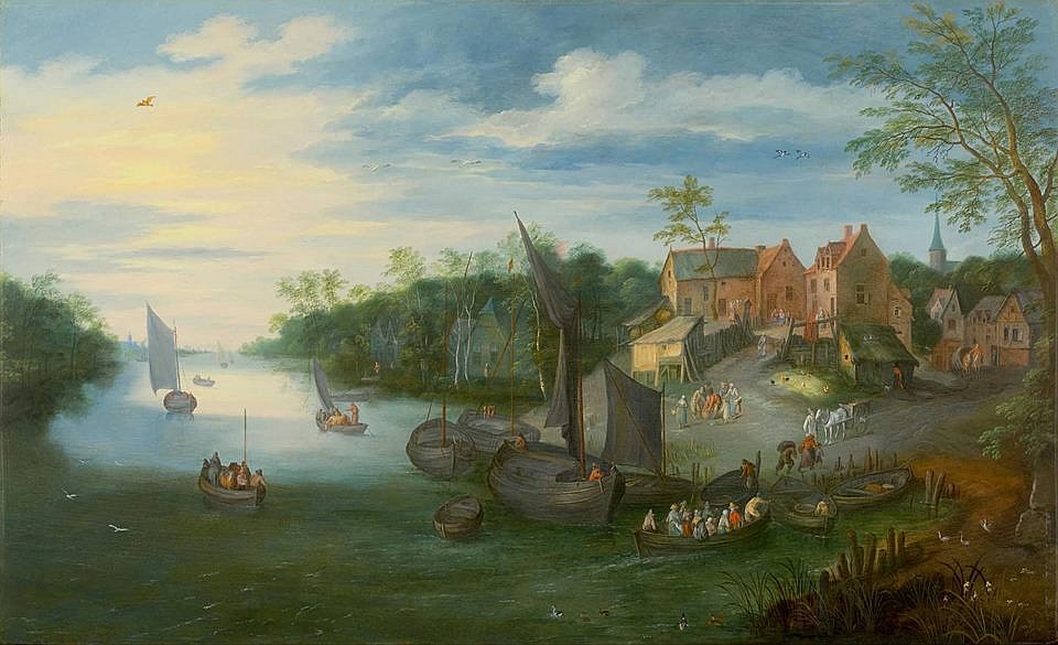 Jan Brueghel II - A river landscape with boats moored by a village