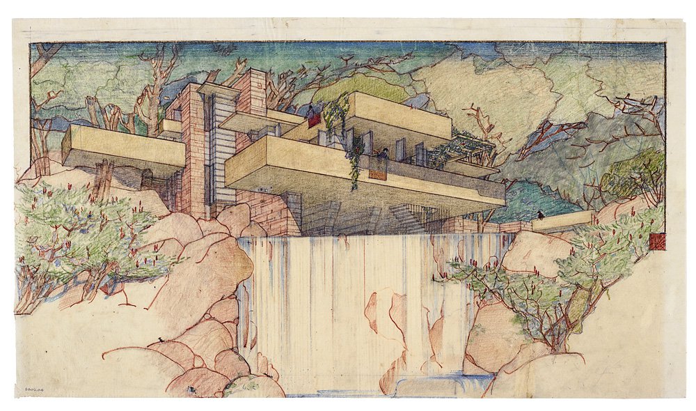 Фрэнк Ллойд Райт. Проект Дома над водопадом (Дома Кауфмана) в Пенсильвании. 1934–1937. Цветной карандаш. Фото: МоМА