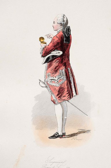 «Господин, нюхающий табак». Гравюра по оригиналу Г. Моро (1775). Франция, Париж. Середина XIX в. Фрагмент. Бумага, гравюра резцом, акварель