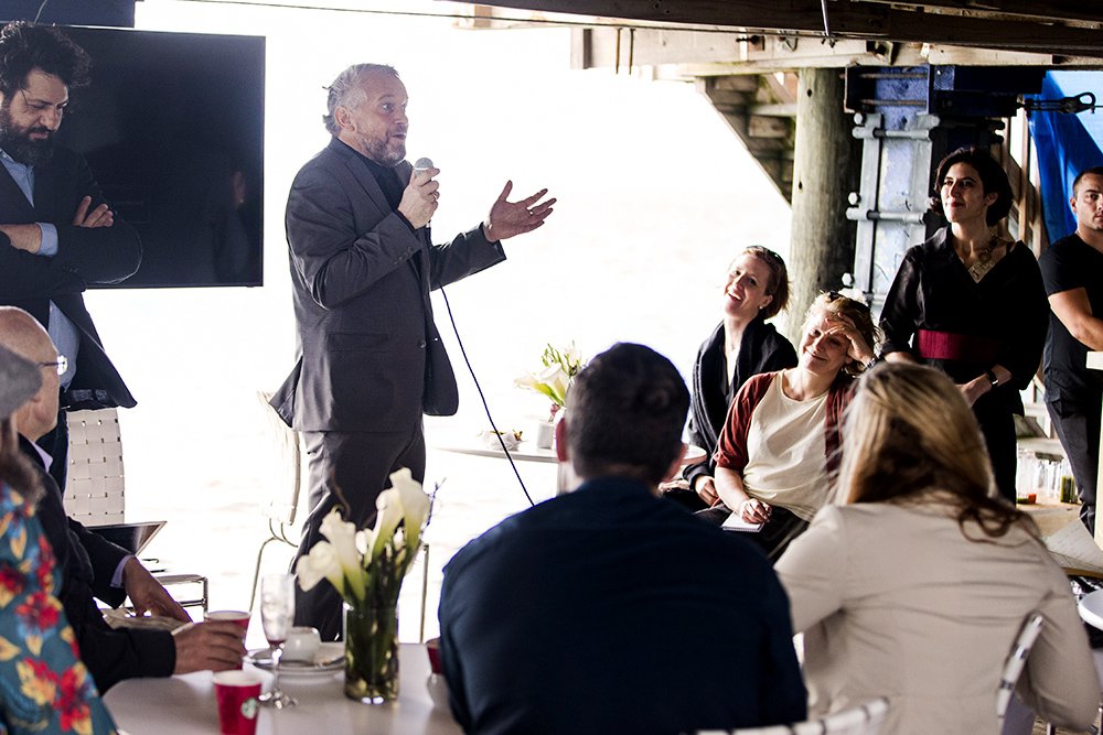 Thomas Girst, Head of Cultural Engagement, BMW AG speaking at a BMW event celebrating the BMW Art Journey, a new art project supporting emerging artists in cooperation with Art Basel, at Stiltsville in Miami, FL on December 4, 2014. Courtesy of BMW Grou
