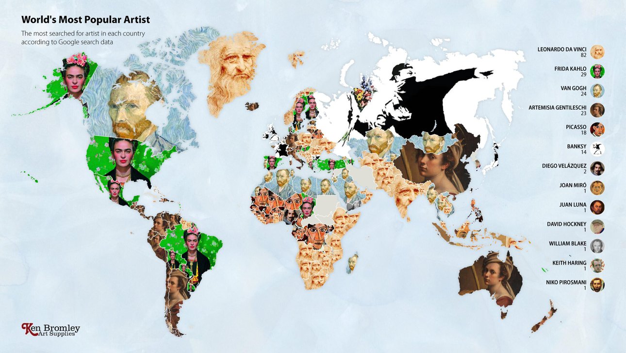 На этой карте можно увидеть, какими художниками интересовались пользователи Google в мире в 2020 г. Фото: Ken Bromley Art Supplie