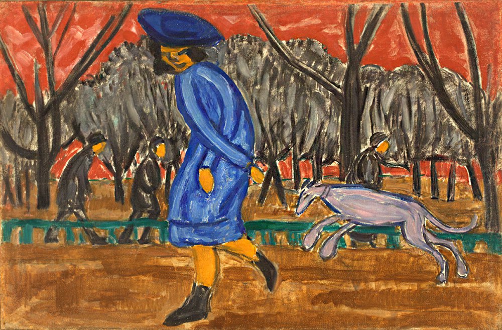 Ольга Розанова. "Бульвар". 1912. Сестра художницы Анна Розанова гуляет с собакой Чаркой по Пушкинскому бульвару на Соборной площади во Владимире. Атрибутировано Верой Терехиной