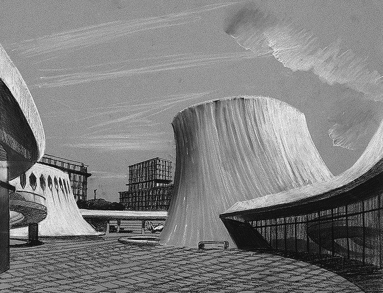 Культурный центр «Вулкан», построенный Оскаром Нимейером в 1981 г., является одной из наиболее популярных достопримечательностей Гавра, контрастируя с прямоугольными кварталами Огюста Перре 1950-х гг. постройки. Франция, 2016. Рисунок Сергея Чобана