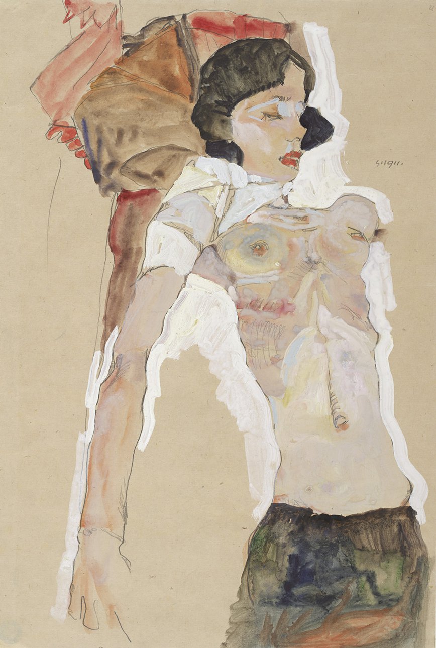 Эгон Шиле. «Лежащая полуобнаженная девушка». 1911. Карандаш, акварель, гуашь, белила